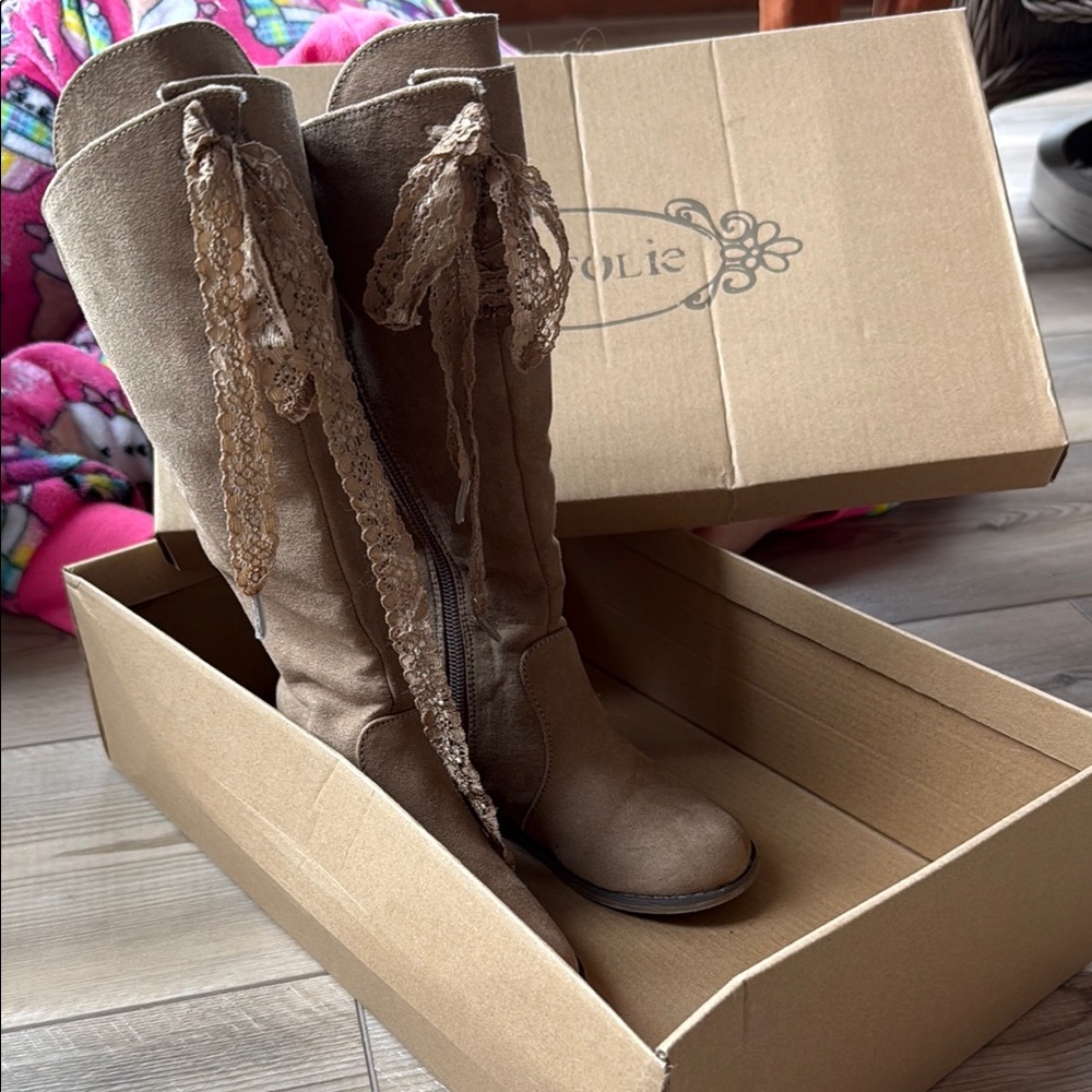 Joyfolie Girls Tan Lace-Up Knee-High Boots